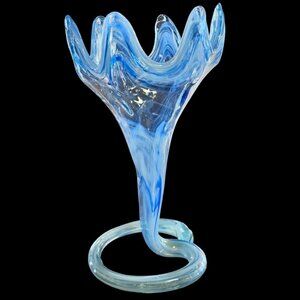 Vintage Hand-Blown Art Glass Trumpet Coil Vase Blue Swirl 18"H